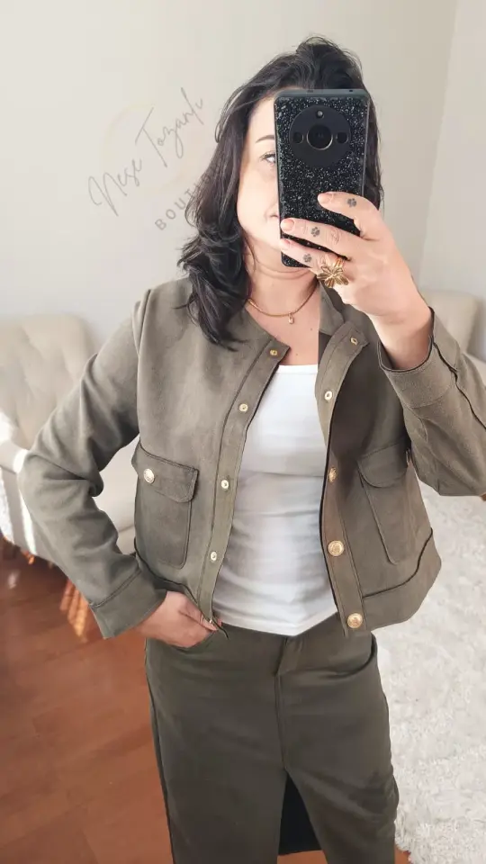 Gold Düğmeli Haki Yeşil Süet Etek Ceket Takım