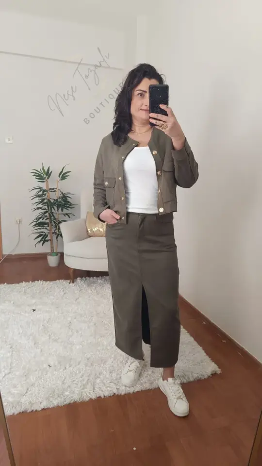 Gold Düğmeli Haki Yeşil Süet Etek Ceket Takım