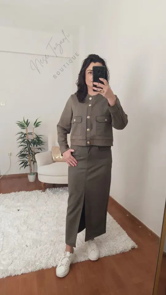 Gold Düğmeli Haki Yeşil Süet Etek Ceket Takım