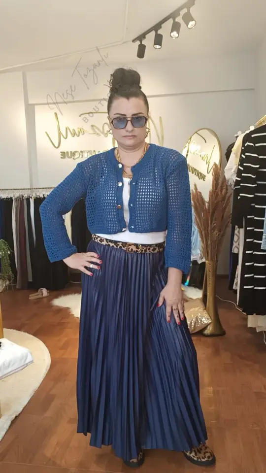 Beli Lastikli Lacivert Deri Görünümlü Pileli Etek