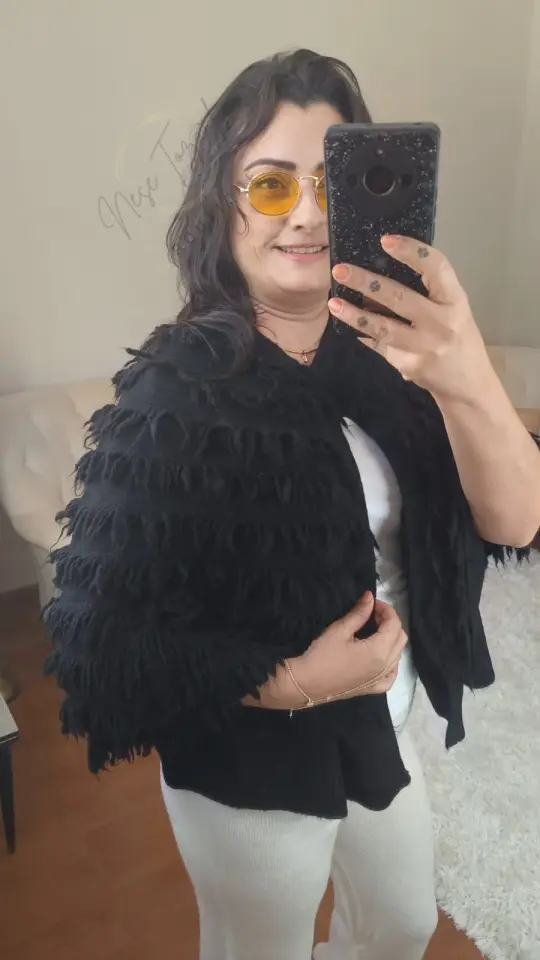 İçi Yelekli Püskül Detaylı Bohem Triko Panço