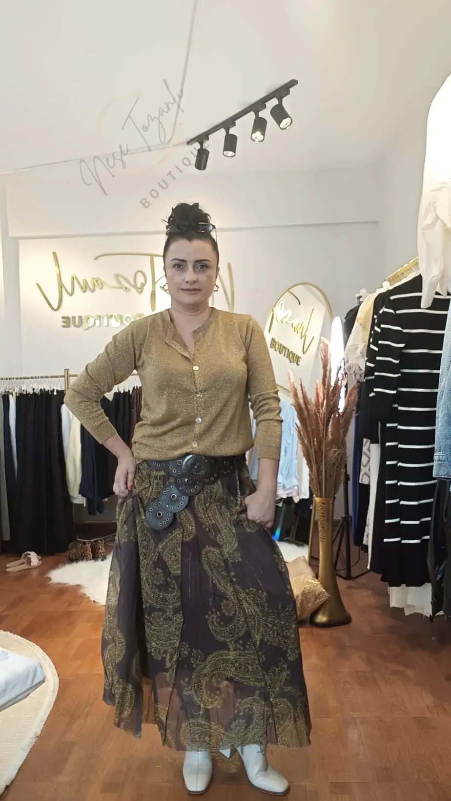 Beli Lastikli Şal Desenli Kahve Şifon Etek