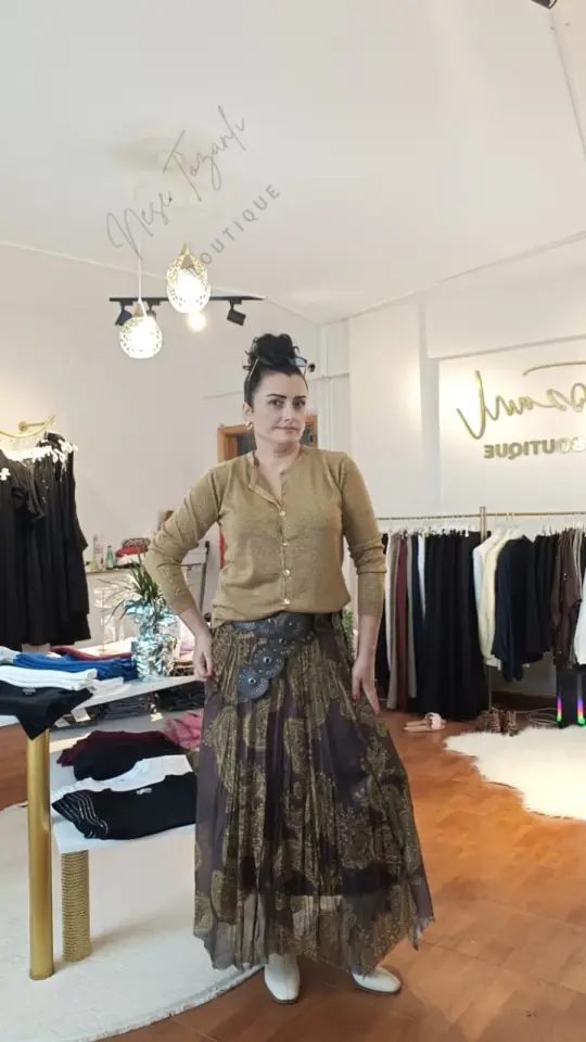 Beli Lastikli Şal Desenli Kahve Şifon Etek