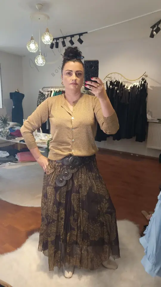 Beli Lastikli Şal Desenli Kahve Şifon Etek