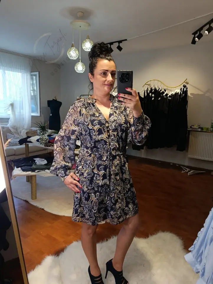 Beli Büzgülü Şal Desenli Astarlı Şifon Elbise