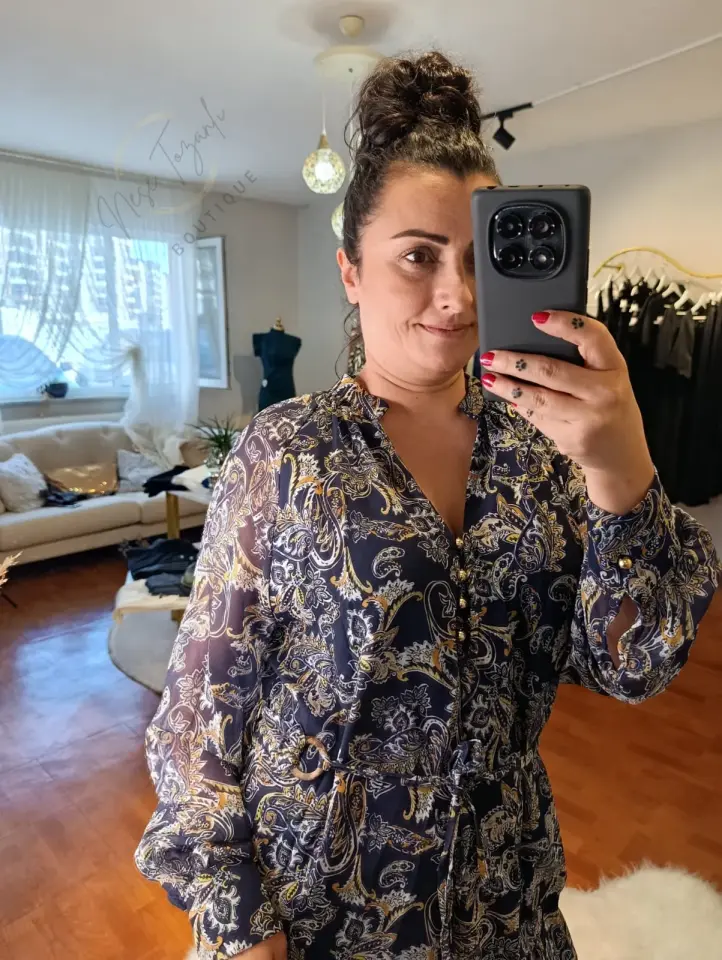 Beli Büzgülü Şal Desenli Astarlı Şifon Elbise