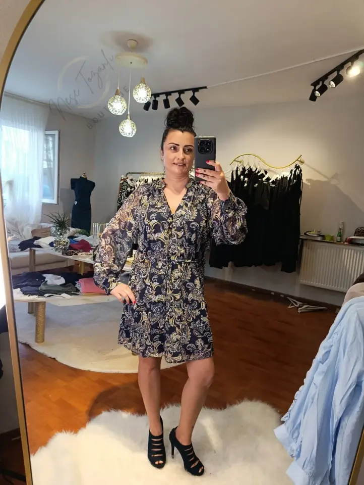 Beli Büzgülü Şal Desenli Astarlı Şifon Elbise