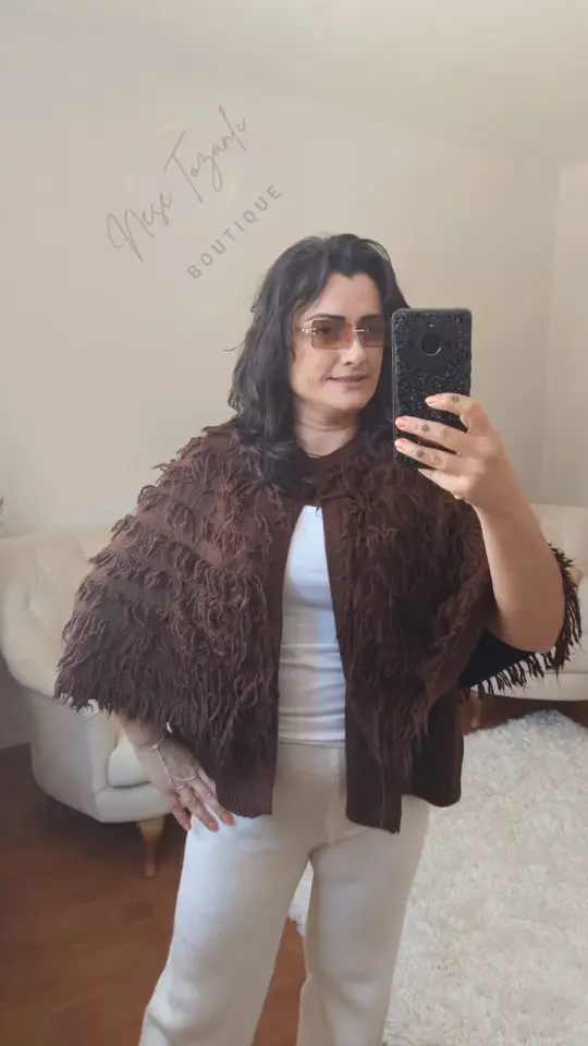 İçi Yelekli Püskül Detaylı Acı Kahve Bohem Panço | Etnik & Sıcak