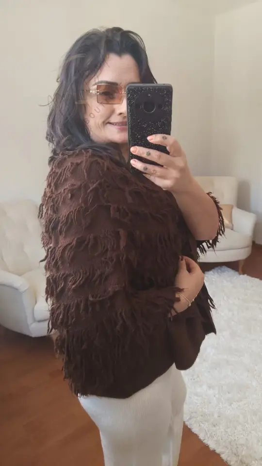 İçi Yelekli Püskül Detaylı Acı Kahve Bohem Panço | Etnik & Sıcak