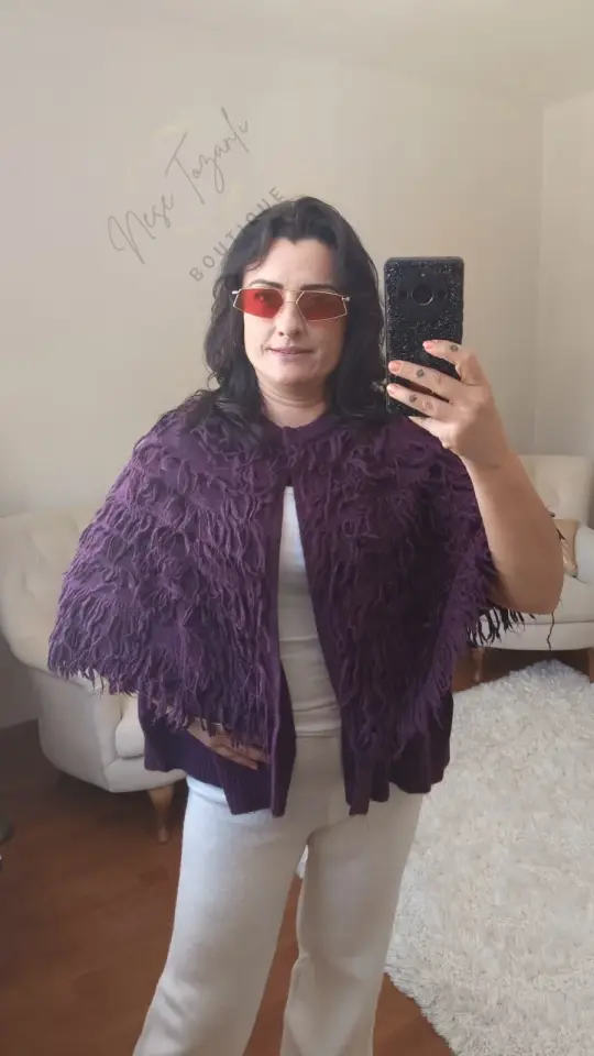 İçi Yelekli Püskül Detaylı Mürdüm Bohem Triko Panço | Gizemli & Asi