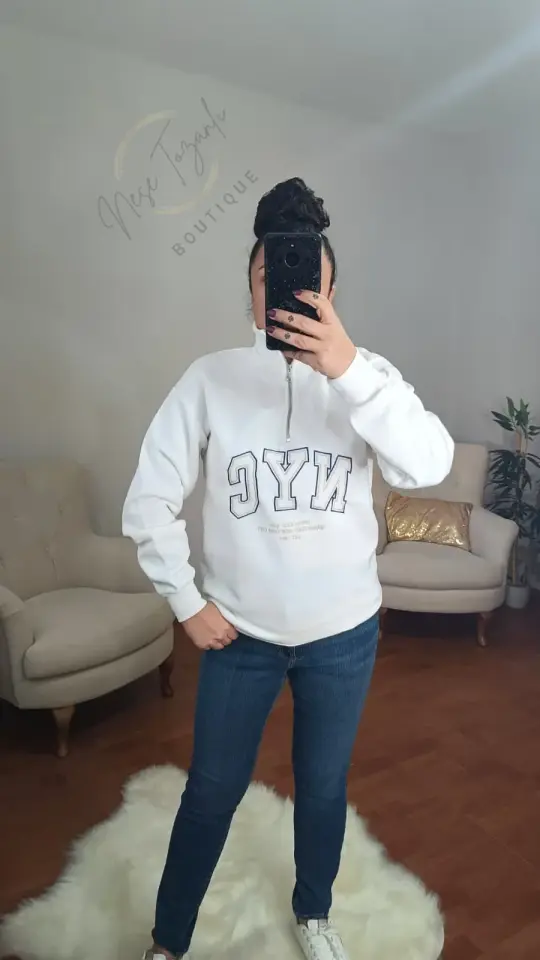 Yarım Fermuarlı NYC Baskılı İçi Şardonlu Beyaz Sweatshirt | Kolej Stili & Sıcak