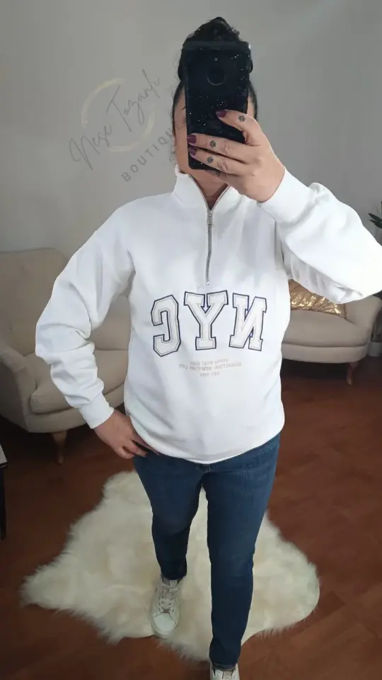 Yarım Fermuarlı NYC Baskılı İçi Şardonlu Beyaz Sweatshirt | Kolej Stili & Sıcak