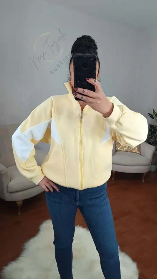 Pastel Sarı Renk Bloklu İçi Şardonlu Fermuarlı Sweatshirt | Sportif & Retro