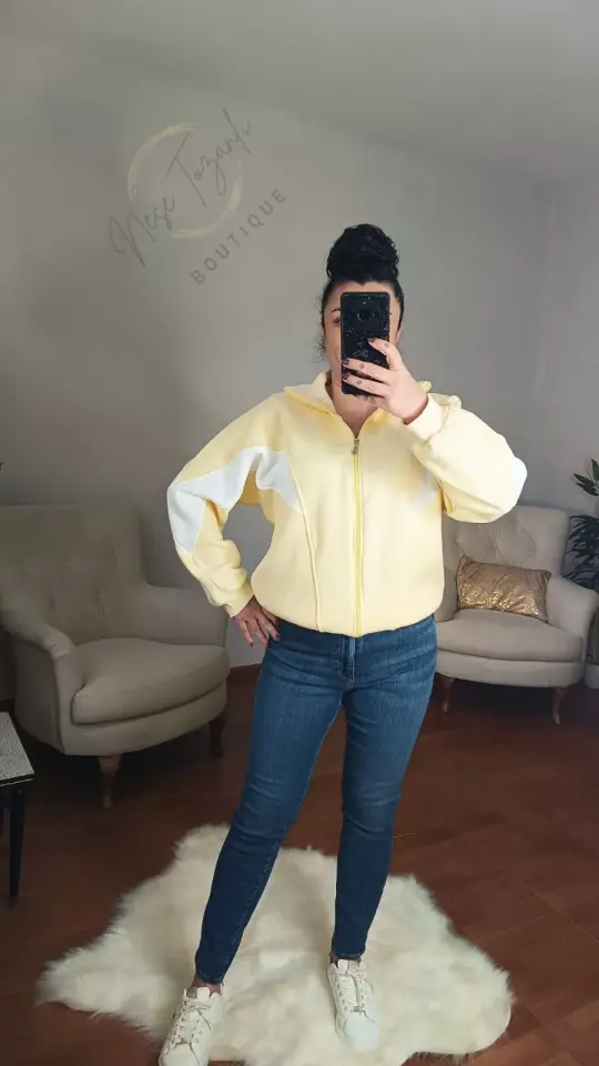 Pastel Sarı Renk Bloklu İçi Şardonlu Fermuarlı Sweatshirt | Sportif & Retro